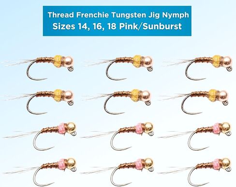 Thread Frenchie Tungsten Bead Head Jig Nymph Fly Fishing Flies 12-Pack | Trout Nymph Flies for Euro Nymphing | Barbless Hook Sizes 14 16 18 in Saudi Arabia
