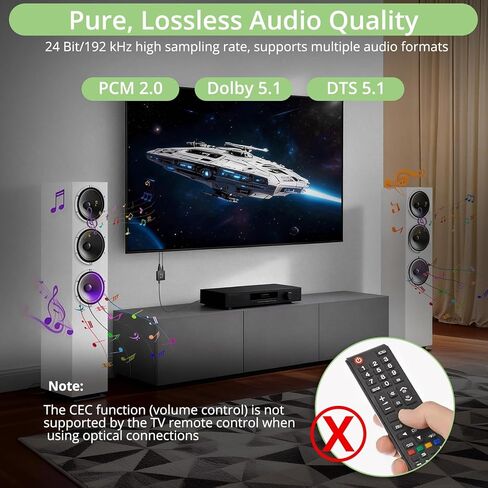 HDMI ARC/eARC إلى محول الصوت البصري مع مخرج 192 كيلو هرتز 24 بت، يدعم PCM 2.0 Dolby 5.1 DTS 5.1، توصيل وتشغيل HDMI إلى محول بصري للتلفزيون عالي الدقة والمسرح المنزلي وسماعات الرأس اللاسلكية in Kuwait