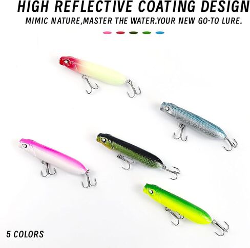 5Pcs Pencil Popper Topwater Fishing Lures Floating Hard Bait with Box for Bass Walleye Pike Catfish Musky Perch 3.15in/0.35oz in Kuwait