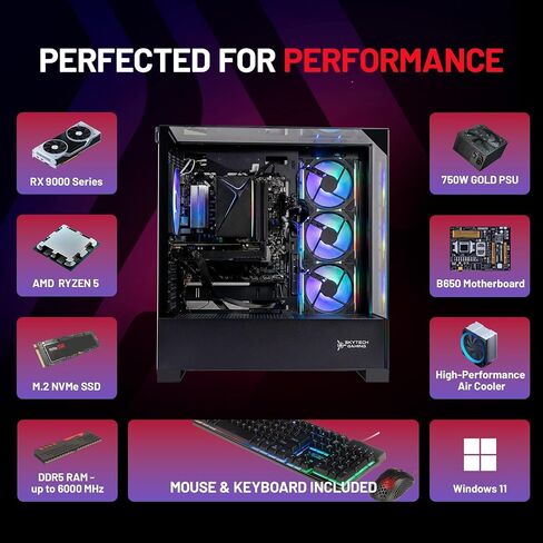 Skytech Gaming Shadow 5 Gaming PC, AMD Ryzen 5 9600X 3.9GHz, AMD RX 9060 8GB VRAM, 1TB NVMe SSD, 16GB DDR5 RAM 6000, 750W Gold PSU, WI-FI 5, Windows 11, Desktop in Kuwait