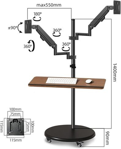 Monitor Arms Dual Monitor Mount Stand with Keyboard Tray, 14"-43" Mulitiuse Rolling Floor Mobile Workstation, Height Adjustable Gas Spring Desk Accessories,14 in Kuwait