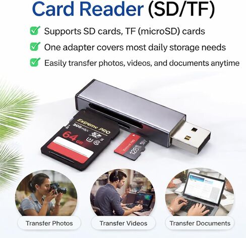 قارئ بطاقات USB 2.0 SD/TF، ​​محول قارئ بطاقات الذاكرة لـ SD TF microSD، توصيل وتشغيل نقل سريع للملفات، هيكل من سبائك الألومنيوم in Kuwait