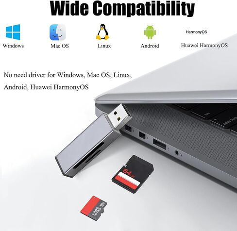 قارئ بطاقات USB 2.0 SD/TF، ​​محول قارئ بطاقات الذاكرة لـ SD TF microSD، توصيل وتشغيل نقل سريع للملفات، هيكل من سبائك الألومنيوم in Kuwait