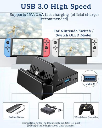 قاعدة إرساء محمولة لمحول/تبديل OLED من نينتندو 0، قاعدة توصيل تلفزيون مع مخرج فيديو HDMI بدقة 4K، منافذ USB متعددة، تصميم مدمج ومحمول، نظام تبريد in Kuwait