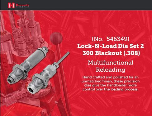 مجموعة Hornady Custom Grade New Dimension 2-Die، 300 BLACKOUT (.308) (546349) - معدات إعادة تحميل خاصة بالعيار للرافعات اليدوية مع قالب مقاس كامل الطول، وقوالب الجلوس، وحلقات Sure-Loc، وصندوق تخزين in Kuwait