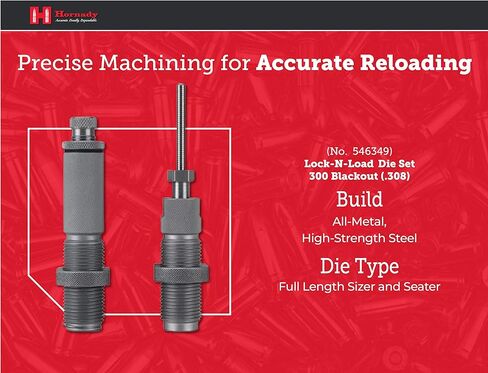 مجموعة Hornady Custom Grade New Dimension 2-Die، 300 BLACKOUT (.308) (546349) - معدات إعادة تحميل خاصة بالعيار للرافعات اليدوية مع قالب مقاس كامل الطول، وقوالب الجلوس، وحلقات Sure-Loc، وصندوق تخزين in Kuwait