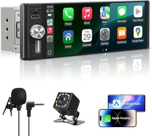 راديو سيارة ستيريو أحادي الدين مع Apple CarPlay وAndroid Auto، شاشة HD تعمل باللمس 6.28 بوصة، كاميرا احتياطية، بلوتوث، MP5، USB من النوع C، SWC، EQ، راديو FM (مع ميكروفون خارجي) in Kuwait