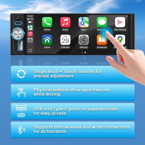 راديو سيارة ستيريو أحادي الدين مع Apple CarPlay وAndroid Auto، شاشة HD تعمل باللمس 6.28 بوصة، كاميرا احتياطية، بلوتوث، MP5، USB من النوع C، SWC، EQ، راديو FM (مع ميكروفون خارجي) in Kuwait
