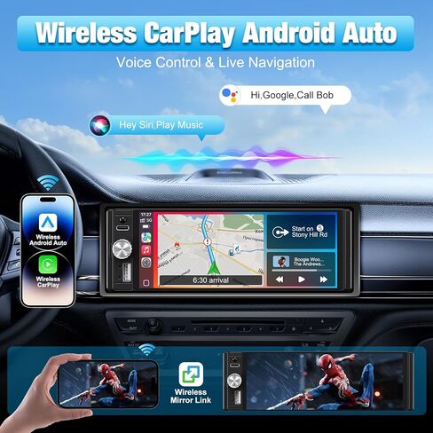 راديو سيارة ستيريو أحادي الدين مع Apple CarPlay وAndroid Auto، شاشة HD تعمل باللمس 6.28 بوصة، كاميرا احتياطية، بلوتوث، MP5، USB من النوع C، SWC، EQ، راديو FM (مع ميكروفون خارجي) in Kuwait