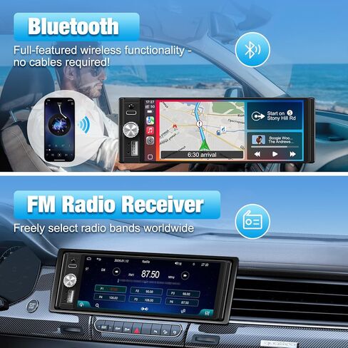راديو سيارة ستيريو أحادي الدين مع Apple CarPlay وAndroid Auto، شاشة HD تعمل باللمس 6.28 بوصة، كاميرا احتياطية، بلوتوث، MP5، USB من النوع C، SWC، EQ، راديو FM (مع ميكروفون خارجي) in Kuwait