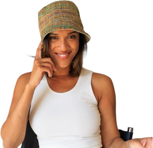 Handmade Hemp Bucket Hat, Multicolor Striped, Natural Woven Summer Beach Sun Hat, Unisex Boho Style in Kuwait