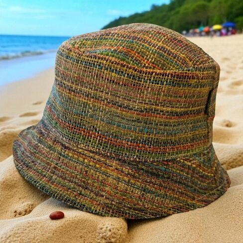 Handmade Hemp Bucket Hat, Multicolor Striped, Natural Woven Summer Beach Sun Hat, Unisex Boho Style in Kuwait