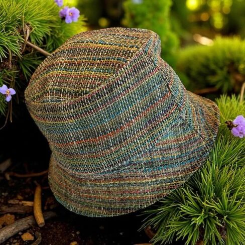 Handmade Hemp Bucket Hat, Multicolor Striped, Natural Woven Summer Beach Sun Hat, Unisex Boho Style in Kuwait