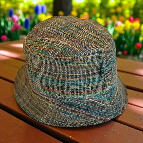 Handmade Hemp Bucket Hat, Multicolor Striped, Natural Woven Summer Beach Sun Hat, Unisex Boho Style in Kuwait