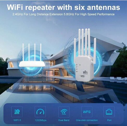 2026 معزز إشارة موسعات WiFi للمنزل، 1200 ميجابت في الثانية ثنائي النطاق 5 جيجا هرتز 2.4 جيجا هرتز إشارة طويلة المدى تصل إلى 10000 قدم مربع و50 جهازًا (6 هوائيات) in Kuwait
