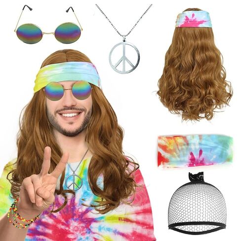 ANOGOL Hair Cap+5pcs Set Disco Wig Brown Mullet Men's Wig Dark Brown Curly Punk Rocker Wig with Glasses Mustache Necklace 70S Wigs For Men 80S Costumes For Men 1970s 1980s Wig Synthetic Hair Rocker Costume Set Wig For Party Halloween in Saudi Arabia