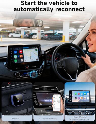 2026 محول CarPlay لاسلكي صغير ترقية سلكي إلى لاسلكي لـ CarPlay وAndroid، التوصيل والتشغيل التلقائي السريع، إعادة الاتصال التلقائي والتحكم المستقر بدون تأخير لهاتف iPhone iOS 10+ وAndroid 11+ in Kuwait