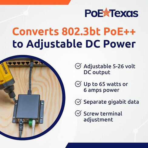موزع PoE Texas قابل للتعديل PoE++ 802.3bt - 5-26 فولت تيار مستمر 65 وات مع بيانات جيجابت - مقسم PoE للجهد العالمي للأجهزة عالية الطاقة - تصميم التوصيل والتشغيل مع تعديل المسمار in Kuwait