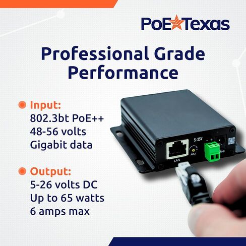 موزع PoE Texas قابل للتعديل PoE++ 802.3bt - 5-26 فولت تيار مستمر 65 وات مع بيانات جيجابت - مقسم PoE للجهد العالمي للأجهزة عالية الطاقة - تصميم التوصيل والتشغيل مع تعديل المسمار in Kuwait