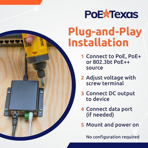 موزع PoE Texas قابل للتعديل PoE++ 802.3bt - 5-26 فولت تيار مستمر 65 وات مع بيانات جيجابت - مقسم PoE للجهد العالمي للأجهزة عالية الطاقة - تصميم التوصيل والتشغيل مع تعديل المسمار in Kuwait
