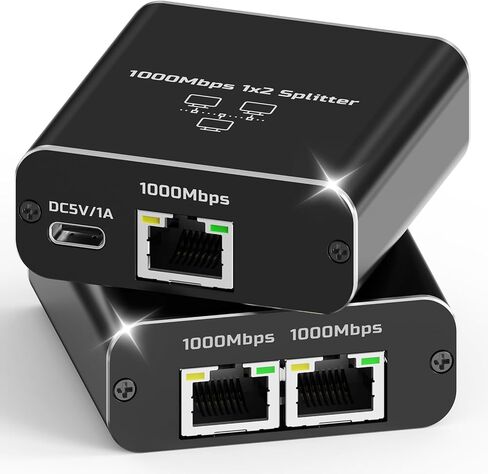 Gigabit Ethernet Splitter 1 to 2, 1000Mbps High Speed LAN Splitter with USB‑C Power, RJ45 Network Adapter Supports 2 Devices Simultaneously, Compatible with Cat8/7/6/5 Cable in Kuwait