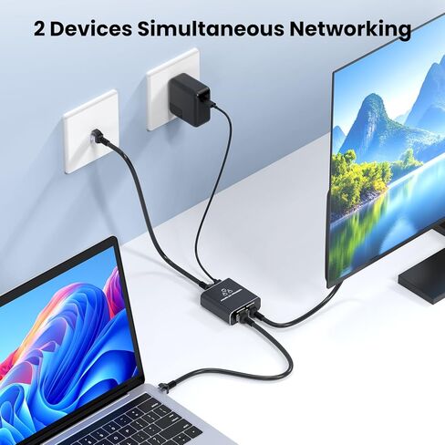 Gigabit Ethernet Splitter 1 to 2, 1000Mbps High Speed LAN Splitter with USB‑C Power, RJ45 Network Adapter Supports 2 Devices Simultaneously, Compatible with Cat8/7/6/5 Cable in Kuwait