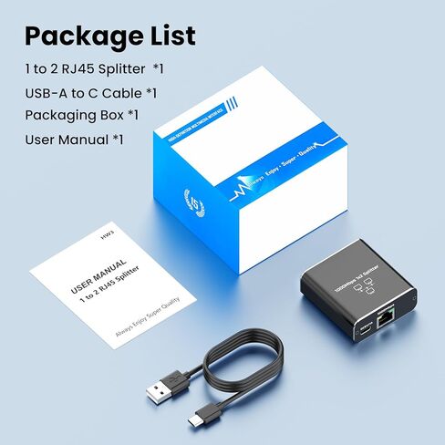 Gigabit Ethernet Splitter 1 to 2, 1000Mbps High Speed LAN Splitter with USB‑C Power, RJ45 Network Adapter Supports 2 Devices Simultaneously, Compatible with Cat8/7/6/5 Cable in Kuwait