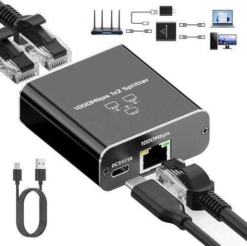 Gigabit Ethernet Splitter 1 to 2, 1000Mbps High Speed LAN Splitter with USB‑C Power, RJ45 Network Adapter Supports 2 Devices Simultaneously, Compatible with Cat8/7/6/5 Cable in Kuwait
