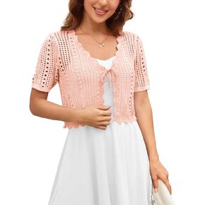 Kate Kasin Women Crochet Shrug Sweater Tie Front Knit Bolero Shrug for Dress Short Sleeve Cropped Cardigan in Kuwait