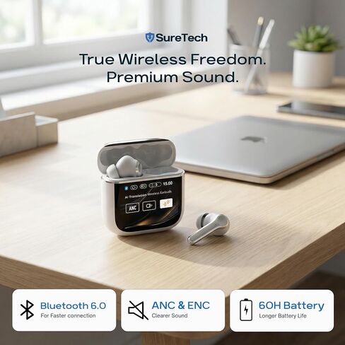 Active Noise Cancelling Wireless Earbuds - 60 Hours Battery Life, ANC/ENC AI Translation Ear Buds, Bluetooth 6.0, in-Ear, Touch Control, Waterproof Earbuds, Charging Case with Silicone Tips in Kuwait