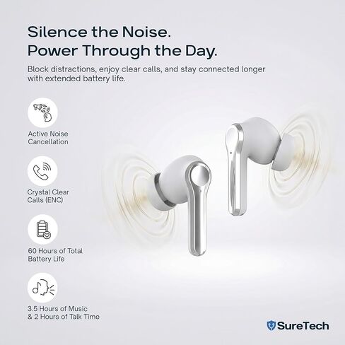 Active Noise Cancelling Wireless Earbuds - 60 Hours Battery Life, ANC/ENC AI Translation Ear Buds, Bluetooth 6.0, in-Ear, Touch Control, Waterproof Earbuds, Charging Case with Silicone Tips in Kuwait