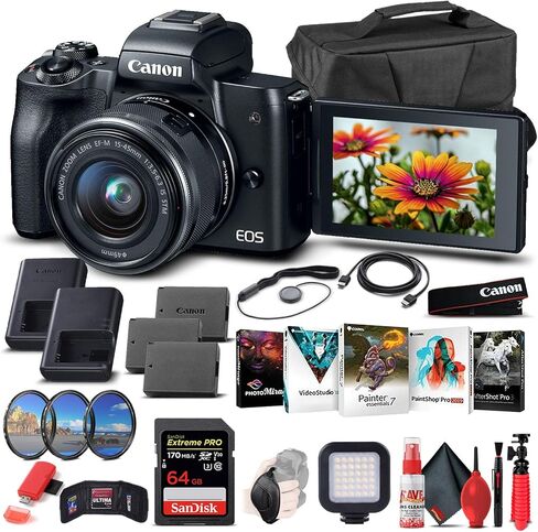 كاميرا Canon EOS M50 الرقمية بدون مرآة مع عدسة 15-45 مم (أسود) (2680C011)، بطاقة ذاكرة 64 جيجابايت، حافظة، برنامج كوريل للصور، بطارية 2 × LPE12، شاحن خارجي، قارئ بطاقات، ضوء LED + المزيد in Kuwait