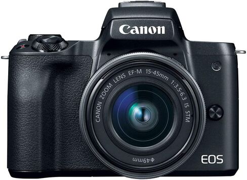 كاميرا Canon EOS M50 الرقمية بدون مرآة مع عدسة 15-45 مم (أسود) (2680C011)، بطاقة ذاكرة 64 جيجابايت، حافظة، برنامج كوريل للصور، بطارية 2 × LPE12، شاحن خارجي، قارئ بطاقات، ضوء LED + المزيد in Kuwait
