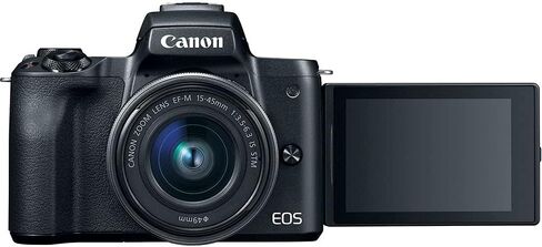 كاميرا Canon EOS M50 الرقمية بدون مرآة مع عدسة 15-45 مم (أسود) (2680C011)، بطاقة ذاكرة 64 جيجابايت، حافظة، برنامج كوريل للصور، بطارية 2 × LPE12، شاحن خارجي، قارئ بطاقات، ضوء LED + المزيد in Kuwait