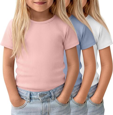 3 Pack Toddler Girls' Ribbed Shirts | Crew Neck, Knit, Slim Fit, Soft, Cotton, Solid, Tops, Basic, Base Layer, Spring, Summer, Casual, Breathable, Baby in Saudi Arabia