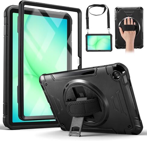 حافظة CoBak متينة لهاتف Samsung Galaxy Tab A11+ Plus 11" 2025/A9+ 11" 2023، مقاومة للصدمات من الدرجة العسكرية مع واقي شاشة مدمج، حامل دوار 360 درجة مع حزام اليد/الكتف، أسود in Kuwait