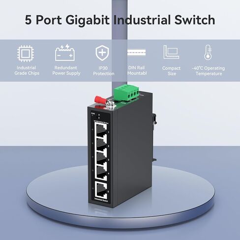SODOLA 5-Port Industrial Gigabit Switch, Unmanaged, 4×1G RJ45 + 1×1G Uplink, Wide Temp -40~75°C, Redundant 12-55V DC Input, DIN Rail Mount, Extend Mode up to 250m, IP40 Rugged Metal in Kuwait