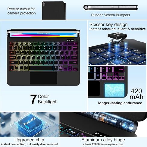 حافظة لوحة مفاتيح GGQFGTOJ لجهاز iPad 11th (A16) والجيل العاشر، لوحة مفاتيح سحرية مع إضاءة خلفية 7 ألوان، لوحة تتبع متعددة اللمس - حامل ناتئ عائم - حافظة مغناطيسية لجهاز iPad 11 بوصة / 10.9 بوصة in Kuwait