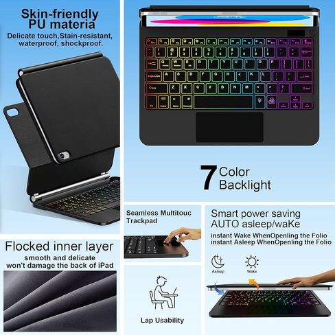 حافظة لوحة مفاتيح GGQFGTOJ لجهاز iPad 11th (A16) والجيل العاشر، لوحة مفاتيح سحرية مع إضاءة خلفية 7 ألوان، لوحة تتبع متعددة اللمس - حامل ناتئ عائم - حافظة مغناطيسية لجهاز iPad 11 بوصة / 10.9 بوصة in Kuwait