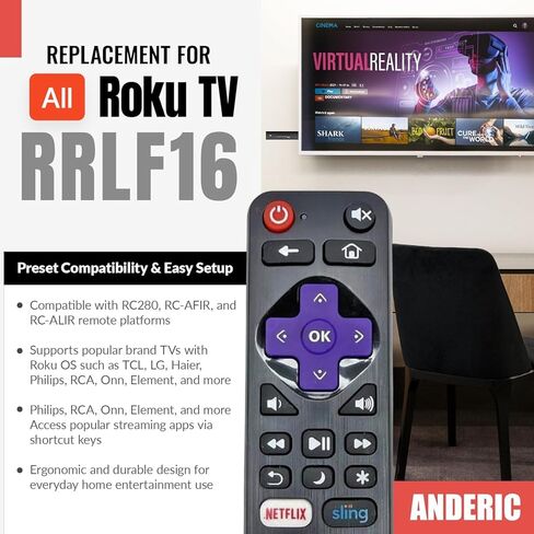 جهاز تحكم بديل RC-AFIR/RC-ALIR / RC280 - متوافق مع تلفزيون Roku، ويعمل أيضًا مع LG وTCL وHitachi وSanyo وPhilips وJVC وONN وElement وRCA Roku TVs - بدون برمجة، IR in Kuwait