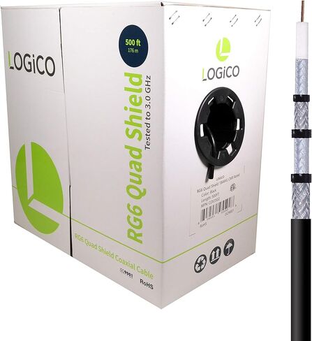LOGICO Best RG6 Coaxial Cable CCS 18AWG Quad Shield Coax 500ft TV Antenna Satellite Black in Kuwait