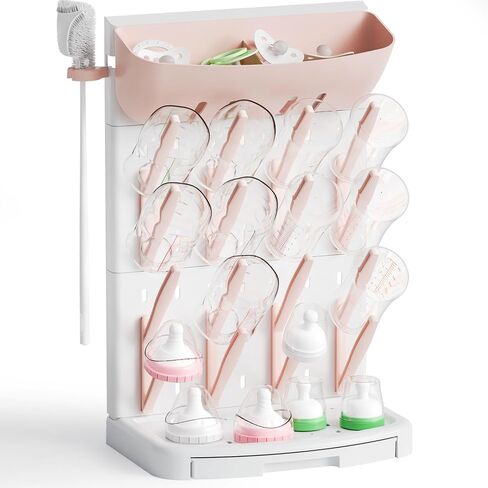SuoXing Vertical Baby Bottle Drying Rack with Brush- Hold 16 Bottles - Large Breast Pump,Bottle Dryer Rack for Kitchen Countertop,Space Saving Bottle Stand Holder for Pacifiers,Pump Accessories,Grey in Saudi Arabia