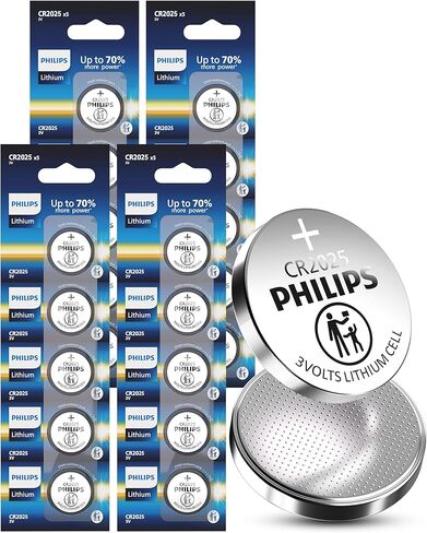 Philips CR2025 3V Lithium Coin Battery (20 Pack) | 10-Year Shelf Life, Stable Power Output, Child-Safe Packaging | Works with Key Fobs & Household Devices in Kuwait