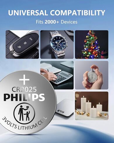 Philips CR2025 3V Lithium Coin Battery (20 Pack) | 10-Year Shelf Life, Stable Power Output, Child-Safe Packaging | Works with Key Fobs & Household Devices in Kuwait