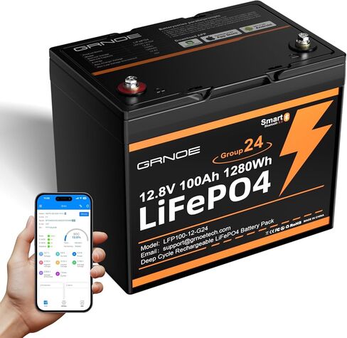بطارية بلوتوث LiFePO4 بقدرة 12 فولت و100 أمبير في الساعة، عبوتان، طاقة إجمالية 2560 وات في الساعة، مراقبة BMS ذكية، أكثر من 15000 دورة عميقة، مجموعة خفيفة الوزن 24 بطارية ليثيوم للمركبات الترفيهية والمقطورة والبحرية والطاقة الشمسية وخارج الشبكة in Kuwait