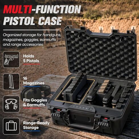 Kinghardcase Biometric Pistol Gun Case, Holds 5 Pistols & 16 Magazines, IP64 Waterproof Hard Handgun Storage Case with Fingerprint, Passcode & Key Unlock, Pre-Cut EVA Foam, Desiccant in Kuwait