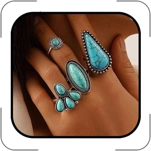 Bohemian Turquoise Ring for Women Stackable Vintage Chunky Boho Turquoise Ring Set Dainty Open Gemstone Knuckle Midi Finger Rings Western Statement Rings Jewelry in Saudi Arabia