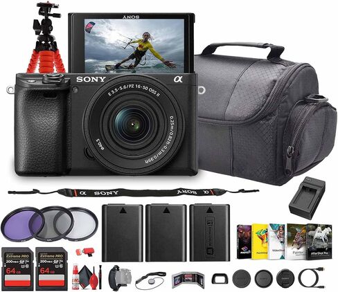 كاميرا سوني a6100 بدون مرآة مع عدسة مقاس 16-50 مم f/3.5-5.6 II (ILCE6100KB) + برنامج تصوير + بطاقة ذاكرة سعة 2 × 64 جيجابايت + بطارية 2 × NP-FW50 + حقيبة كاميرا + شاحن + مجموعة مرشح عدسة + المزيد (متجددة) in Kuwait