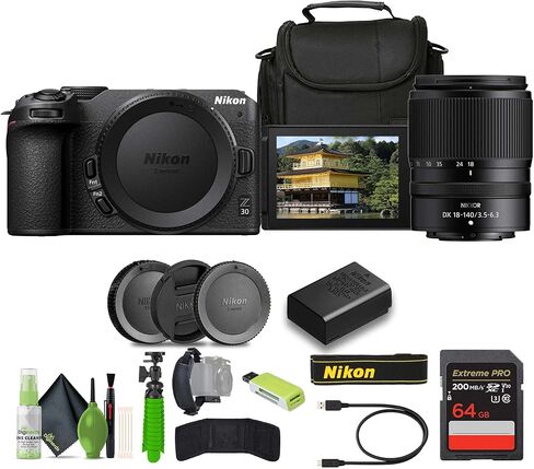 كاميرا نيكون Z30 بدون مرآة مع عدسة NIKKOR Z DX مقاس 18-140 مم وبفتحة f/3.5-6.3 VR + حافظة ناعمة + طقم تنظيف + محفظة بطاقة ذاكرة + بطاقة 64 جيجابايت + حزام يد + حامل ثلاثي القوائم مقاس 12 بوصة in Kuwait