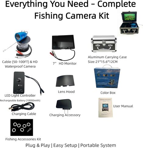 7" Underwater Fishing Camera 1080P HD Fish Finder & Portable Fishing Camera with 12 IR + 12 White LEDs, 30m Cable, Waterproof Ice Fishing Camera for Boat, Lake & River in Kuwait